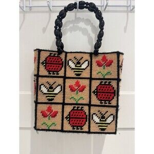 Vintage 70's Granny Core Handmade Cross Stitch Purse Tote Ladybugs Bees Roses